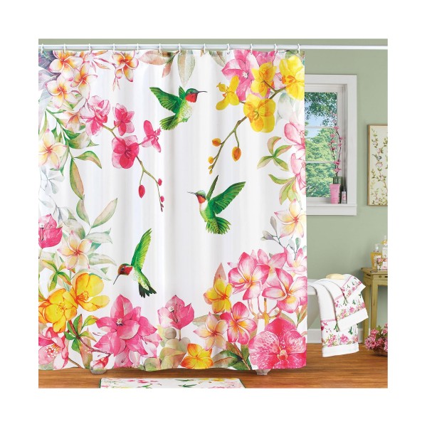 Blooming Hummingbird Floral Shower Curtain with 12 Hooks